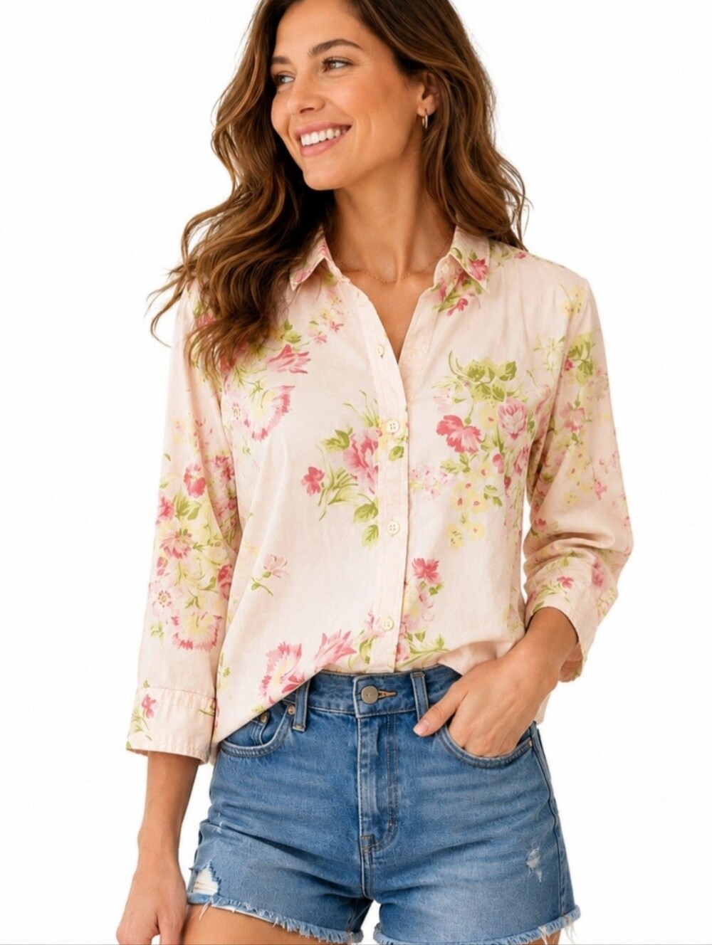 Crazy Horse Liz Claiborne Floral Button Front Shirt Size 10 Pink 100% Cotton